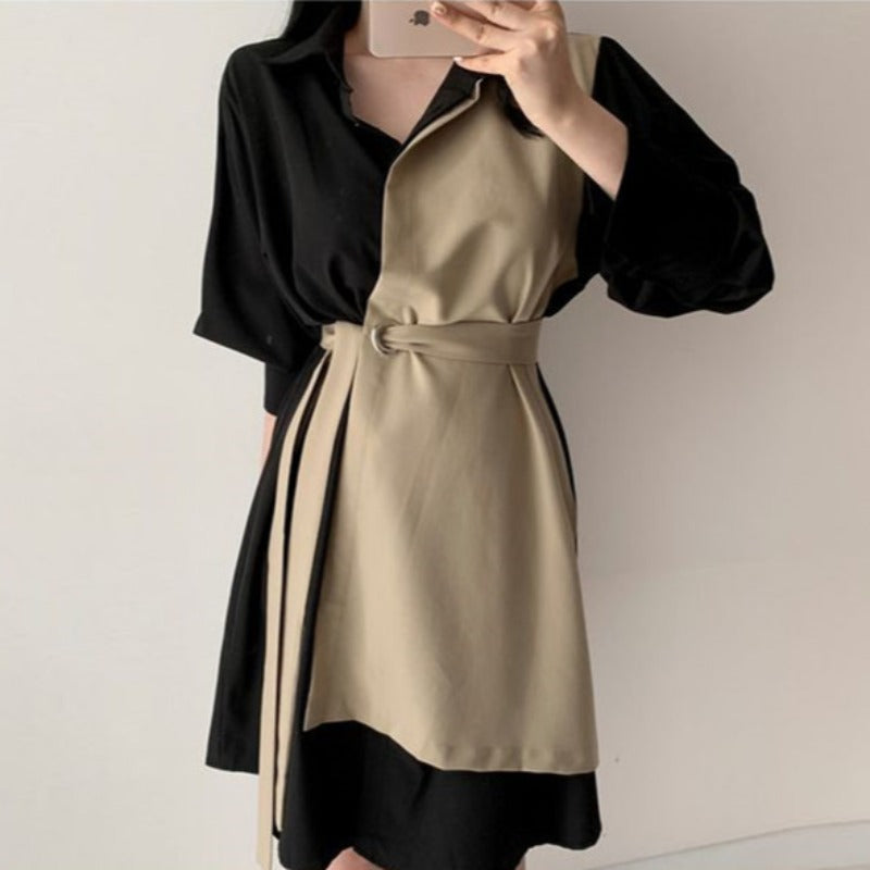 Women's Lapel And Receiving Waist Tie Shirt Dress