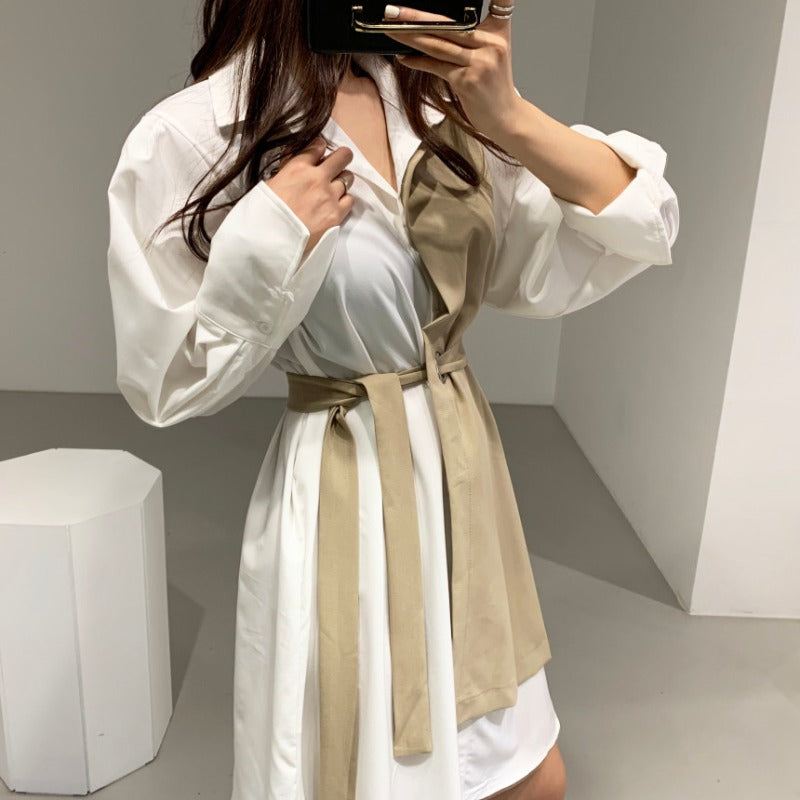 Women's Lapel And Receiving Waist Tie Shirt Dress