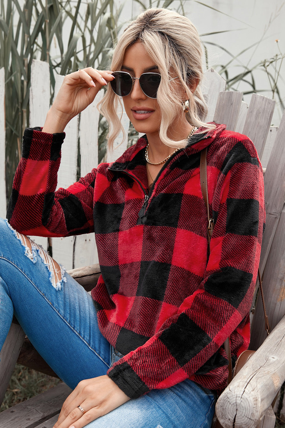 Plaid Print 1/4 Collar Sweatshirt