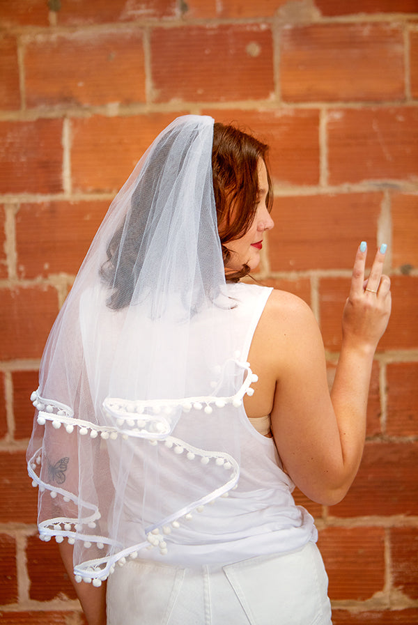 White Pom Pom Bachelorette Party Veil