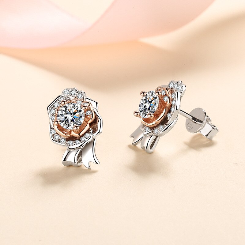 Silver Sparkling Rose Stud Earrings